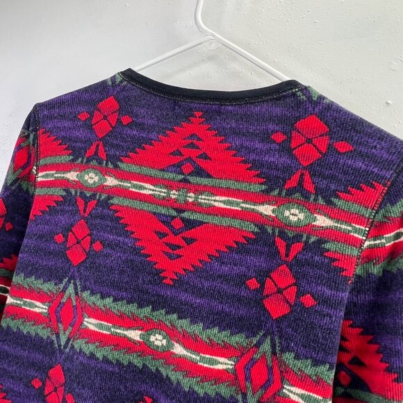 Y2K Chaps Henley Shirt S Thermal Waffle Knit Aztec Southwestern Blue Red - Picture 4 of 5